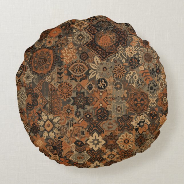 Dark Boho Terracotta Sage Botanical Pattern  Round Cushion (Back)