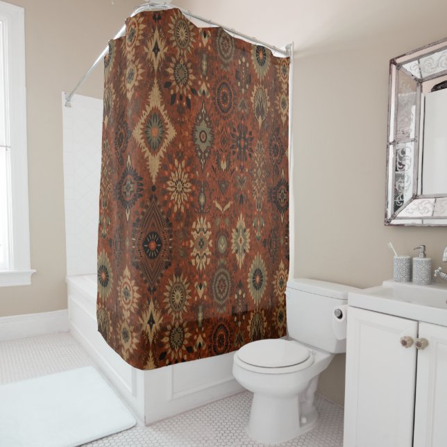 Dark Boho Terracotta Sage Botanical Pattern  Shower Curtain (In Situ)