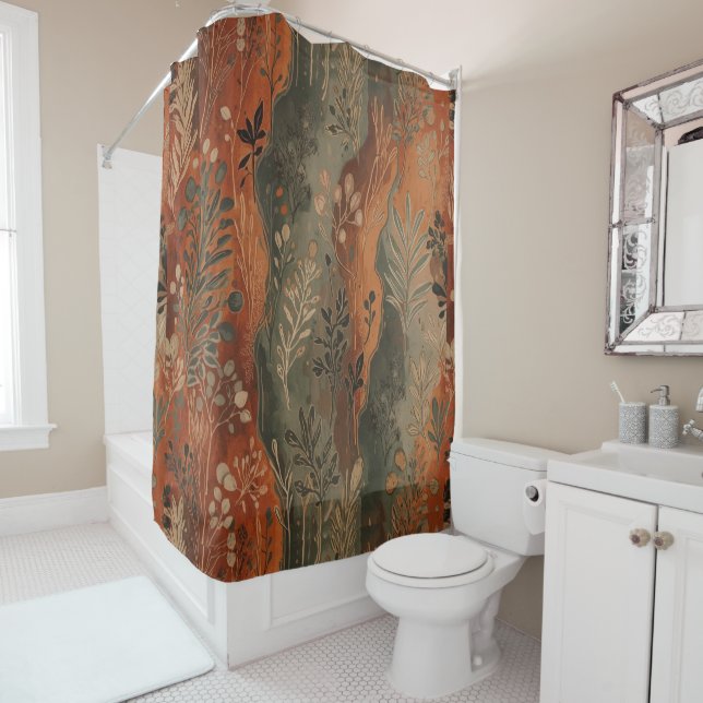 Dark Boho Terracotta Sage Botanical Pattern  Shower Curtain (In Situ)