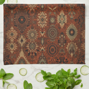 Dark Boho Terracotta Sage Botanical Pattern Tea Towel