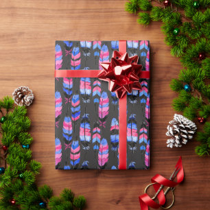 Dark Boho Watercolor Feathers - Pink & Electric Bl Wrapping Paper