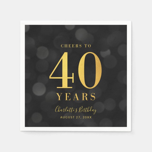 Dark Bokeh Faux Gold Cheers to 40 Years Birthday Napkin (Front)