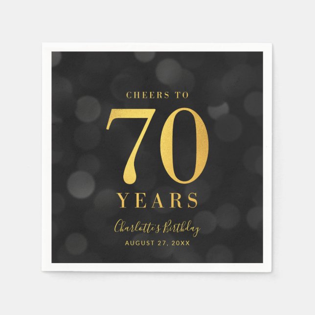 Dark Bokeh Faux Gold Cheers to 70 Years Birthday Napkin (Front)