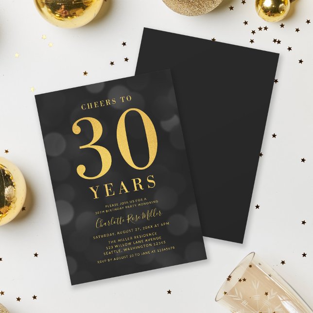 Dark Bokeh Gold Cheers to 30 Years Birthday Party Invitation (Creator Uploaded)