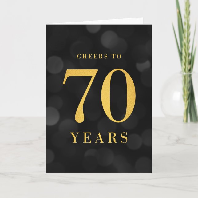 Dark Bokeh Gold Cheers to 70 Years Birthday Card (Front)