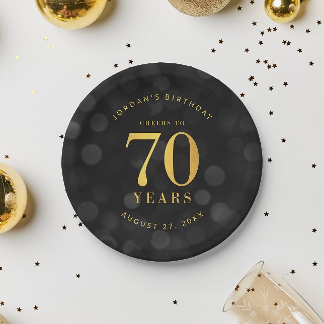 Dark Bokeh Gold Cheers to 70 Years Birthday Paper Plate (Creator Uploaded)