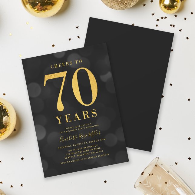 Dark Bokeh Gold Cheers to 70 Years Birthday Party Invitation (Creator Uploaded)