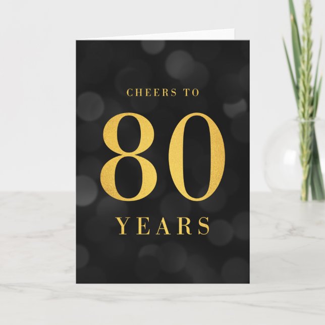 Dark Bokeh Gold Cheers to 80 Years Birthday Card (Front)