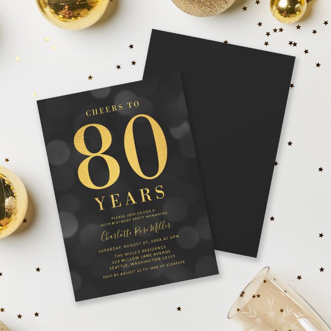 Dark Bokeh Gold Cheers to 80 Years Birthday Party Invitation (Creator Uploaded)