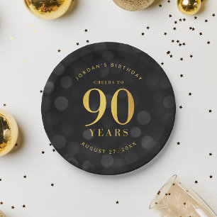 Dark Bokeh Gold Cheers to 90 Years Birthday Paper Plate