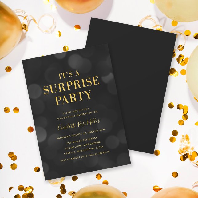 Dark Bokeh Gold It's a Surprise Party Birthday Invitation (Creator Uploaded)