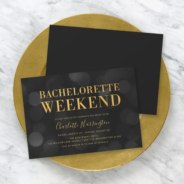 Dark Bokeh Lights Faux Gold Bachelorette Weekend Invitation (Creator Uploaded)