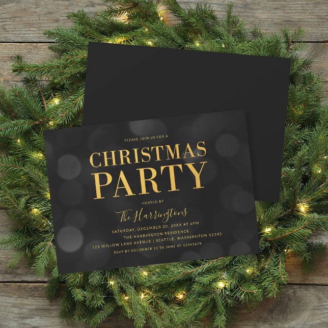 Dark Bokeh Lights Faux Gold Christmas Party Invitation (Creator Uploaded)