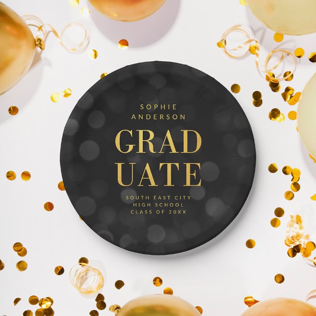 Dark Bokeh Lights Faux Gold Graduate Graduation Paper Plate (Creator Uploaded)