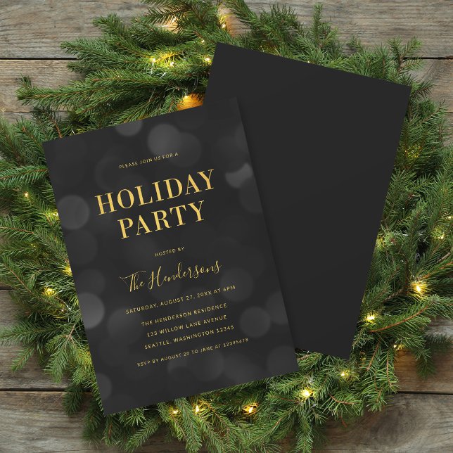 Dark Bokeh Lights Faux Gold Holiday Party Invitation (Creator Uploaded)