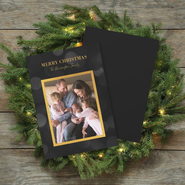 Dark Bokeh Lights Faux Gold Merry Christmas Holiday Card (Creator Uploaded)