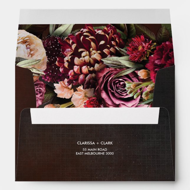 Dark Bold Floral Marsala Red Wedding Envelope (Back (Bottom))