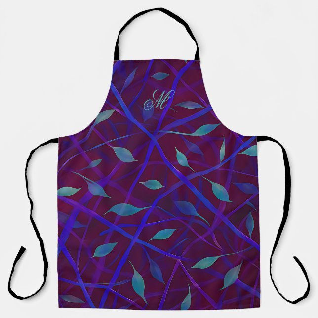 Dark Botanical Burgundy Jewel Foliage Monogram Apron (Front)