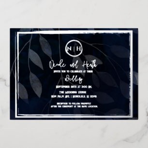 Dark Botanical Elegant Navy Blue & Silver Wedding 