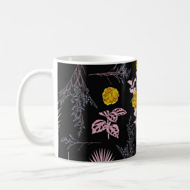 Dark botanical, flowers leaves pattern. coffee mug (Left)