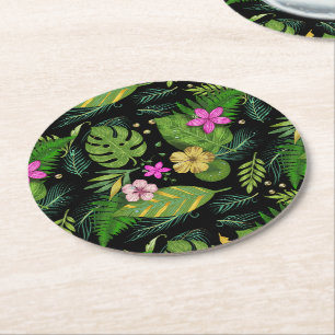 "Dark Botanical Garden – Vintage Floral Pattern" Round Paper Coaster