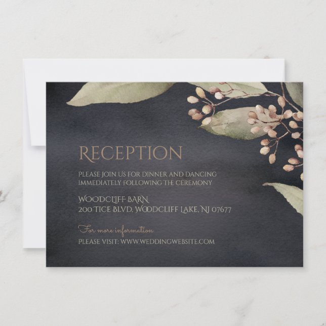 Dark botanical greenery vintage rustic reception invitation (Front)