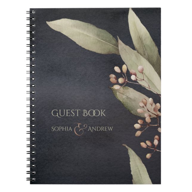 Dark botanical greenery vintage rustic wedding notebook (Front)