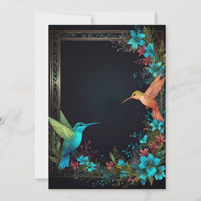 Dark Botanical Hummingbird Theme Invitation (Back)