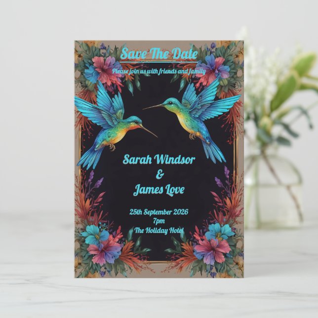 Dark Botanical Hummingbird Theme Invitation (Standing Front)