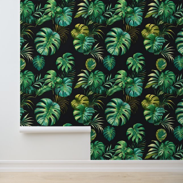 Dark Botanical Monstera Palm Peel and Stick Wallpaper (Application)