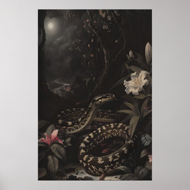 Dark Botanical Snake Art Print Floral Reptile (Front)