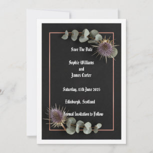 Dark Botanical Thistle Eucalyptus Wedding Save the Date