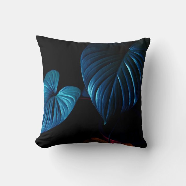 Dark Botanical Throw Pillow – Blue Leaf Accent Pil (Front)