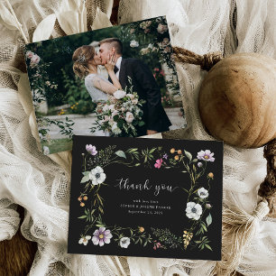 Dark Botanical Wildflowers   Elegant Wedding Photo Thank You Card