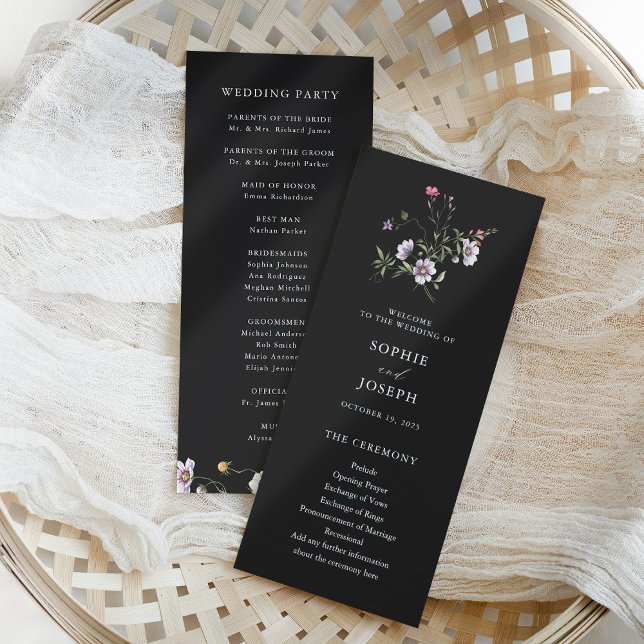 Dark Botanical Wildflowers | Elegant Wedding Program (Simple and elegant botanical wildflowers decorate these trendy wedding programs)