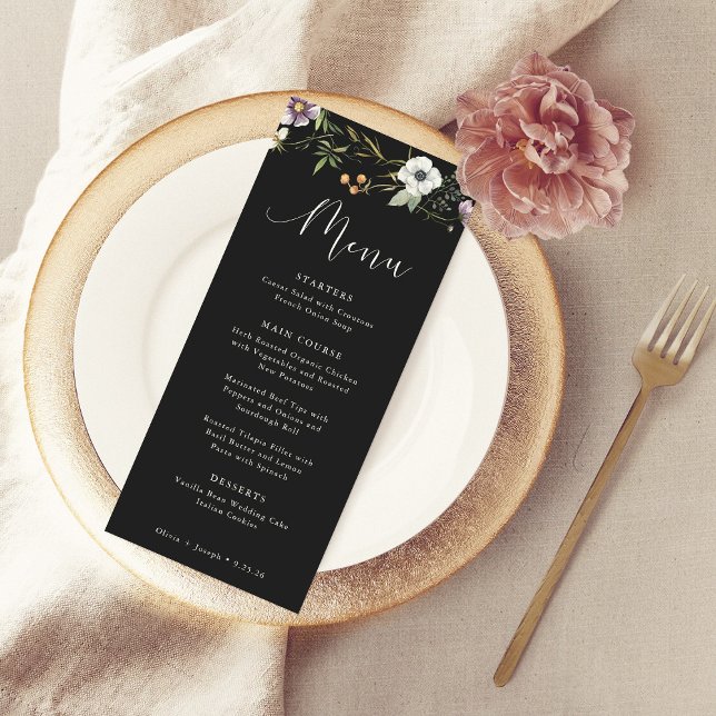 Dark Botanical Wildflowers Simple Elegant Wedding Menu (A simple and elegant wedding menu decorated with wildflowers)