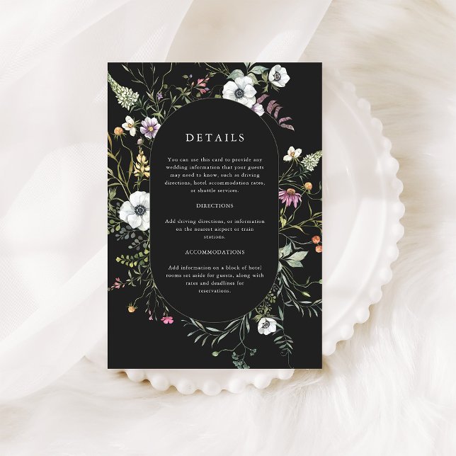 Dark Botanical Wildflowers | Wedding Details Enclosure Card (An elegant wedding details card with a beautiful wildflower frame)