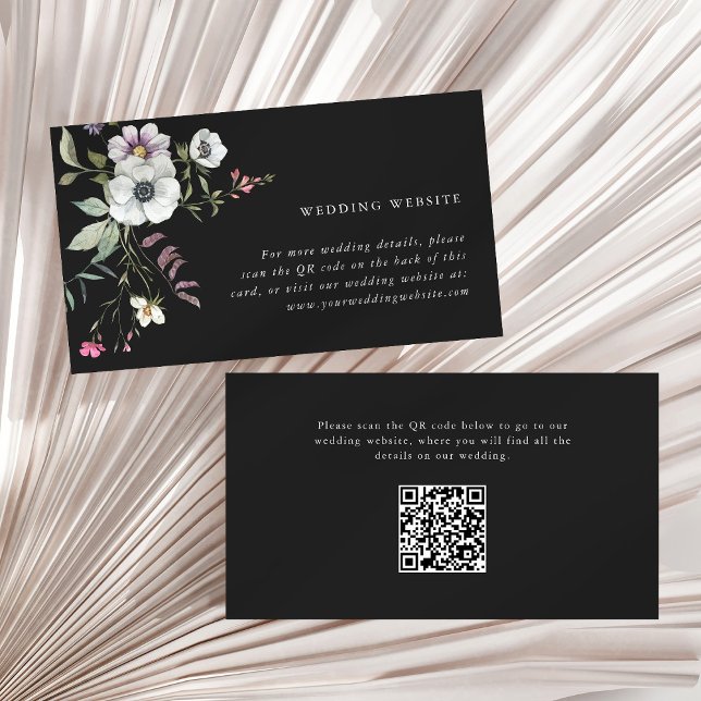 Dark Botanical Wildflowers Wedding Website QR Code Enclosure Card (A trendy wedding website card with scannable QR code and wildflowers)
