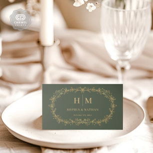 Dark Bottle Green Gold Flowers Floral Wedding Place Card