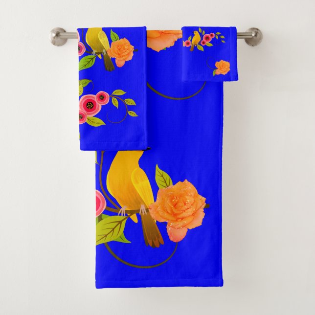 Dark Bright Blue - Bird & Yellow Rose Bath Towel Set (Insitu)