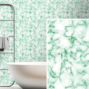 Dark Bright Green on White Marbled Wallpaper