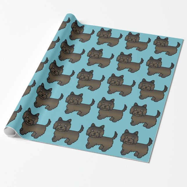 Dark Brindle Cairn Terrier Cartoon Dog Pattern Wrapping Paper (Unrolled)