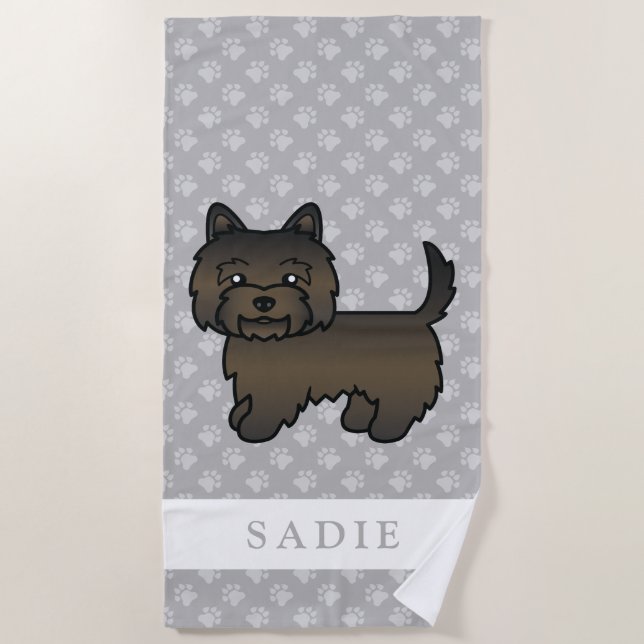 Dark Brindle Cairn Terrier Dog & Custom Name Beach Towel (Front)
