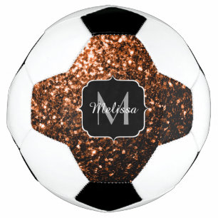 Dark bronze faux glitter sparkle Monogram name Soccer Ball