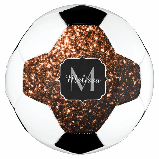 Dark bronze faux glitter sparkle Monogram name Soccer Ball (Front)