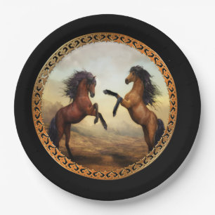 Dark Brown And Light Brown Friesian Draught Horses Paper Plate