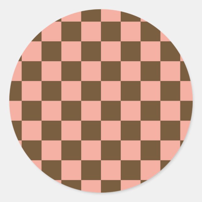 Dark Brown and Light Pink Chequerboard Classic Round Sticker (Front)