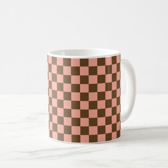 Dark Brown and Light Pink Chequerboard Coffee Mug (Front Right)