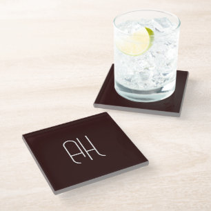 Dark brown and white custom initials simple glass coaster