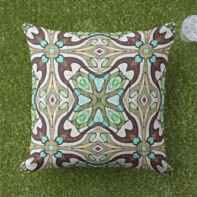 Dark Brown Aqua Turquoise Blue Green Tribal Art Cushion (Grass)